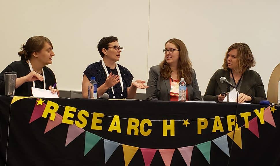 From left: Emily L. Mross, Jennifer A. Hunter, Amy Snyder, and Christina Riehman-Murphy explain research parties at the 2019 Association of College and Research Libraries Conference in Cleveland on April 12.