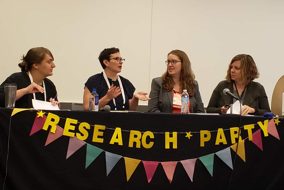 From left: Emily L. Mross, Jennifer A. Hunter, Amy Snyder, and Christina Riehman-Murphy explain research parties at the 2019 Association of College and Research Libraries Conference in Cleveland on April 12.