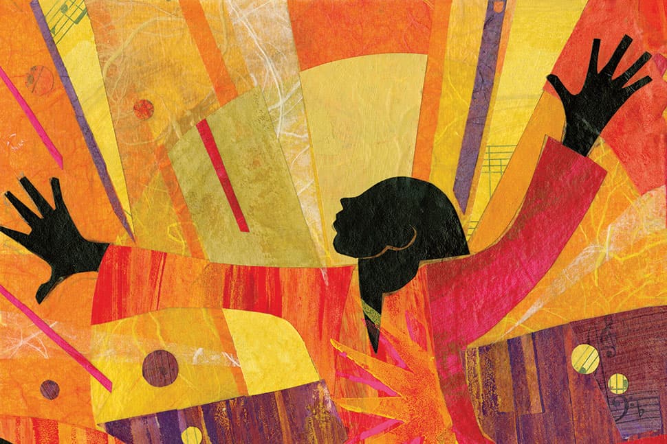 Illustration by Ekua Holmes, winner of the 2022 Coretta Scott King (CSK) Book Award for Out of Wonder: Poems Celebrating Poets.Reproduced by permission of the publisher, Candlewick Press, Somerville, Massachusetts