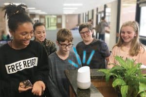 Students at North Salem (N.Y.) Middle School and High School interact with a Google Home smart speaker. (Photo: North Salem (N.Y.) Middle School and High School)