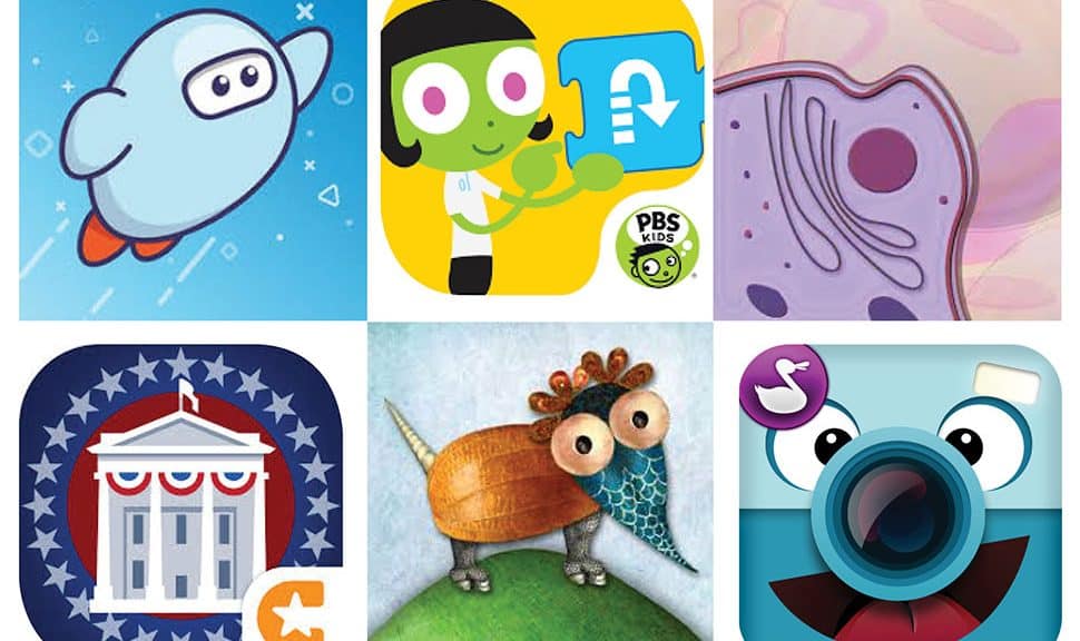 Clockwise from top left, logos for Sora, PBS Kids Scratch Jr., iCell, Chatterpix Kids, Mixerpiece, and iCivics Suite.