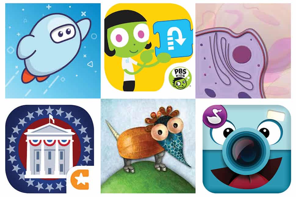 Clockwise from top left, logos for Sora, PBS Kids Scratch Jr., iCell, Chatterpix Kids, Mixerpiece, and iCivics Suite.