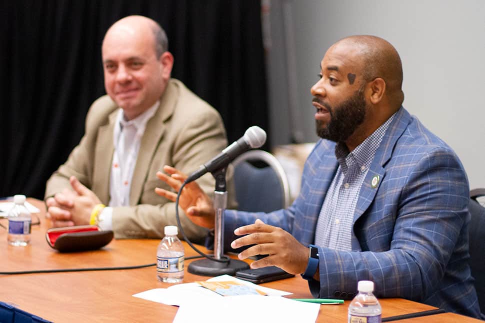 Mark Miller (left), chair of the Loudoun County (Va.) Public Library board of trustees, and Koran Saines, Sterling district supervisor at the Loudoun County Board of Supervisors.