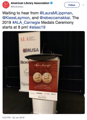 Waiting to hear from @LauraMLippman, @KieseLaymon, and @rebeccamakkai. The 2019 #ALA_Carnegie Medals Ceremony starts at 8 pm!