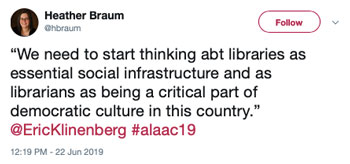 "We need to start thinking abt libraries as essential social infrastructure and as librarians as being part of democratic culture in this country."