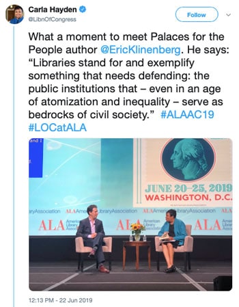 What a moment to meet Palaces for the People author @EricKlinenberg. He says: "Libraries stand for and exemplify something that needs defending: the public institutions that — even in an age of atomization and inequality —serve as bedrocks of civic society."