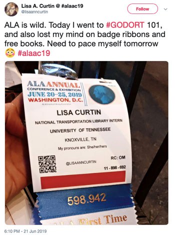 ALA is wild. Today I went to #GODORT 101, and also lost my mind on badge ribbons and free books. Need to pace myself tomorrow. #alaac19