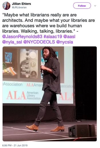 "Maybe what librarians really are are architects. And maybe what your libraries are are warehouses where we build human libraries. Walking, talking, libraries."