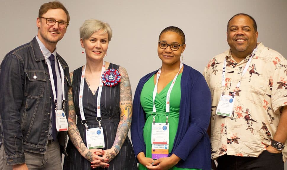 Jarrett Dapier, Nora Flanagan, Emily Knox, and Eric Ward at the ALA Annual Conference and Exhibitions June 22, 2019.
