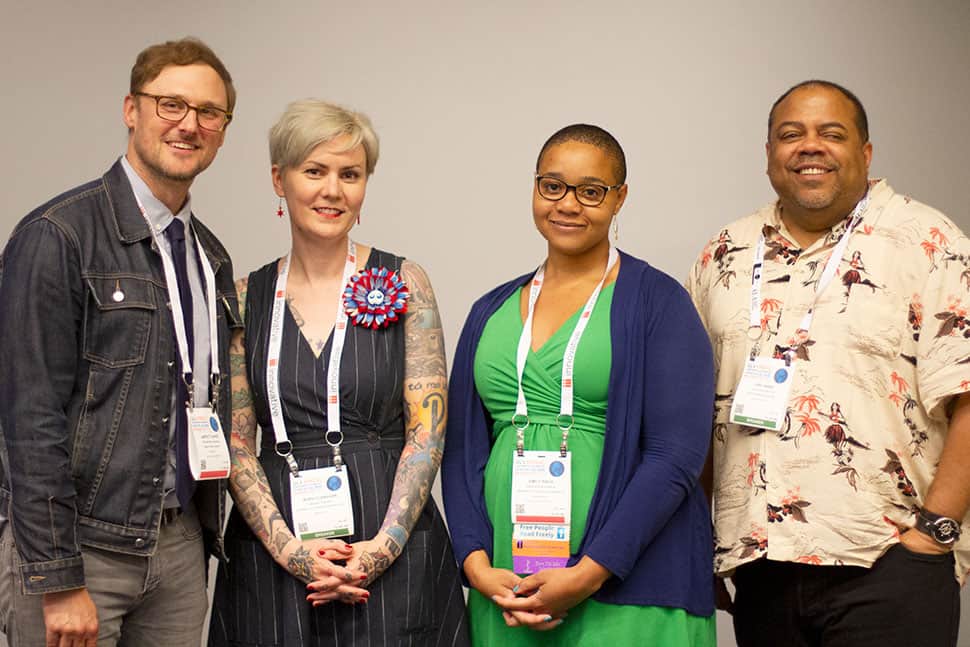 Jarrett Dapier, Nora Flanagan, Emily Knox, and Eric Ward at the ALA Annual Conference and Exhibitions June 22, 2019.