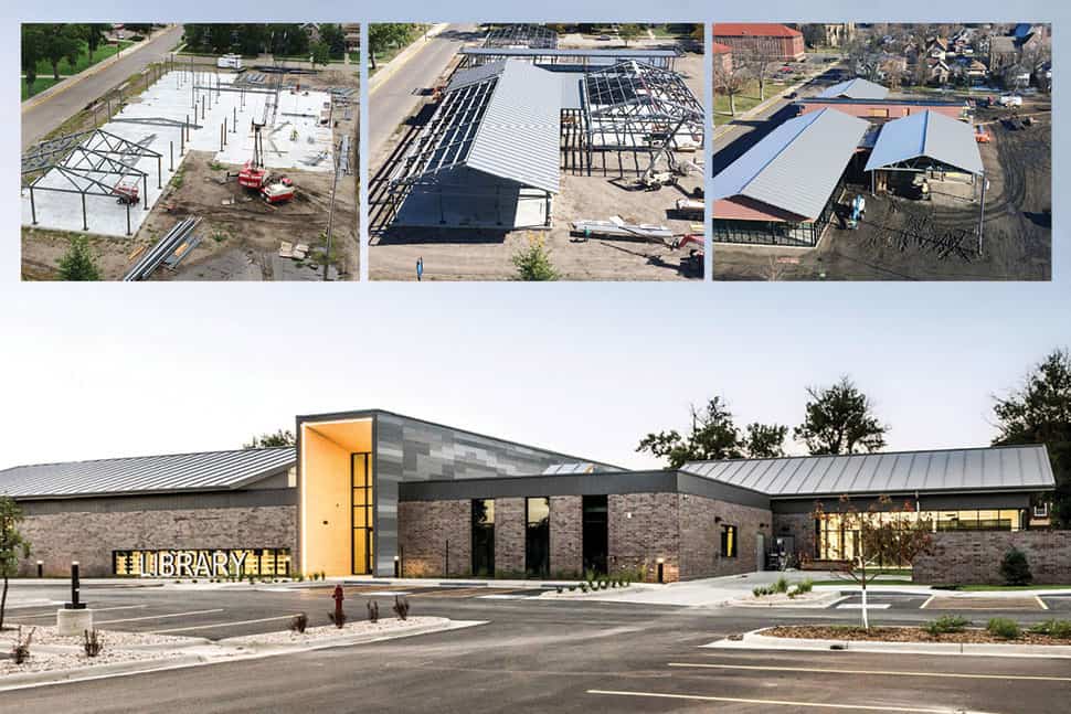 K. O. Lee Aberdeen (S.Dak.) Public Library, from framing to final product. Photos: K. O. Lee Aberdeen Public Library (top three); Spencer Sommer/MSR (bottom)