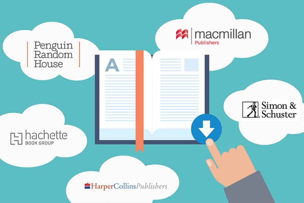 illustration of an ebook surrounded by clouds with the Big Five publisher logos