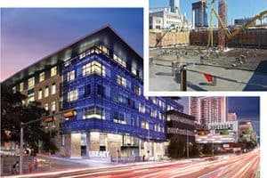 The concrete foundation of Austin (Tex.) Public Library's Central Library, poured over a 24-hour period in May 2014, required 1,433 tons of reinforcing steel (top); the finished building shines above W. Cesar Chavez Street in downtown Austin (bottom). <span class="credit">Photos: Austin Public Library (construction); Rachel Kay (exterior)</span>