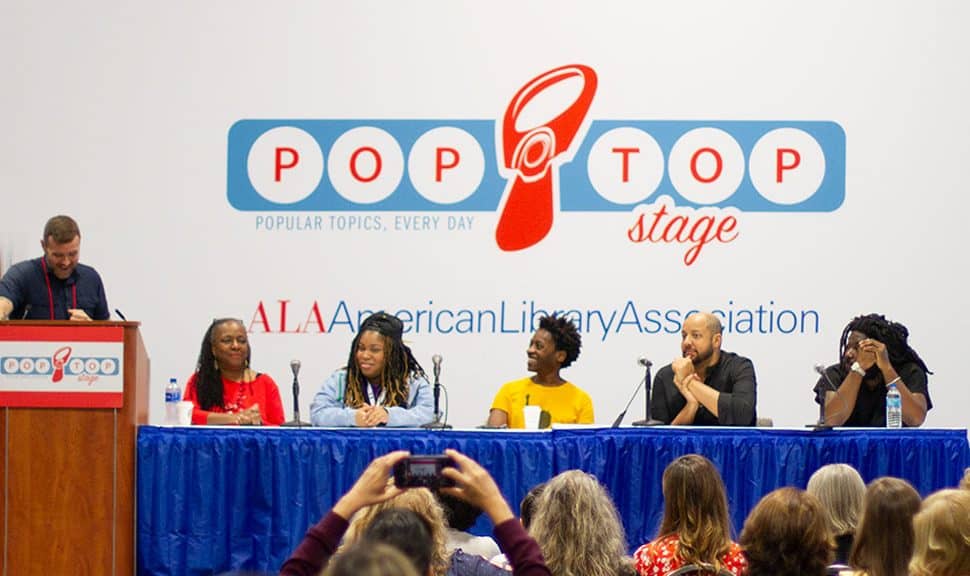 From left: Phil Morehart, Ekua Holmes, Angie Thomas, Jacqueline Woodson, Christopher Myers, and Jason Reynolds at the 2019 ALA Annual Conference in Washington, D.C.