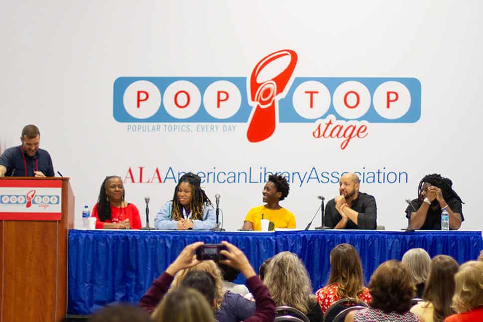 From left: Phil Morehart, Ekua Holmes, Angie Thomas, Jacqueline Woodson, Christopher Myers, and Jason Reynolds at the 2019 ALA Annual Conference in Washington, D.C.