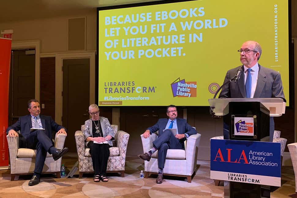 From left: Patrick Losinski, CEO, Columbus (Ohio) Metropolitan Library; ALA Executive Director Mary Ghikas; Ramiro S. Salazar, San Antonio Public Library director and president of the Public Library Association; and Kent Oliver, director of Nashville (Tenn.) Public Library. (Photo: Emily Wagner)