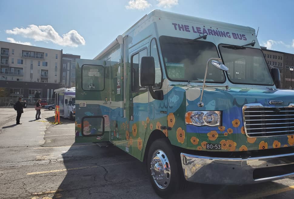 Bookmobiles on display at the 2019 Association for Bookmobile and Outreach Services Annual Conference in Omaha, Nebraska, October 23–25.