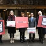 From left: ALA Past President Loida Garcia-Febo; PLA Executive Director Barb Macikas; ALA Past President Sari Feldman; Alan S. Inouye, ALA senior director of public policy and government relations; and Tim Cherubini, executive director of the Chief Officers of State Library Agencies, outside the offices of Macmillan Publishers on October 30, 2019. Photo: Daniel Root
