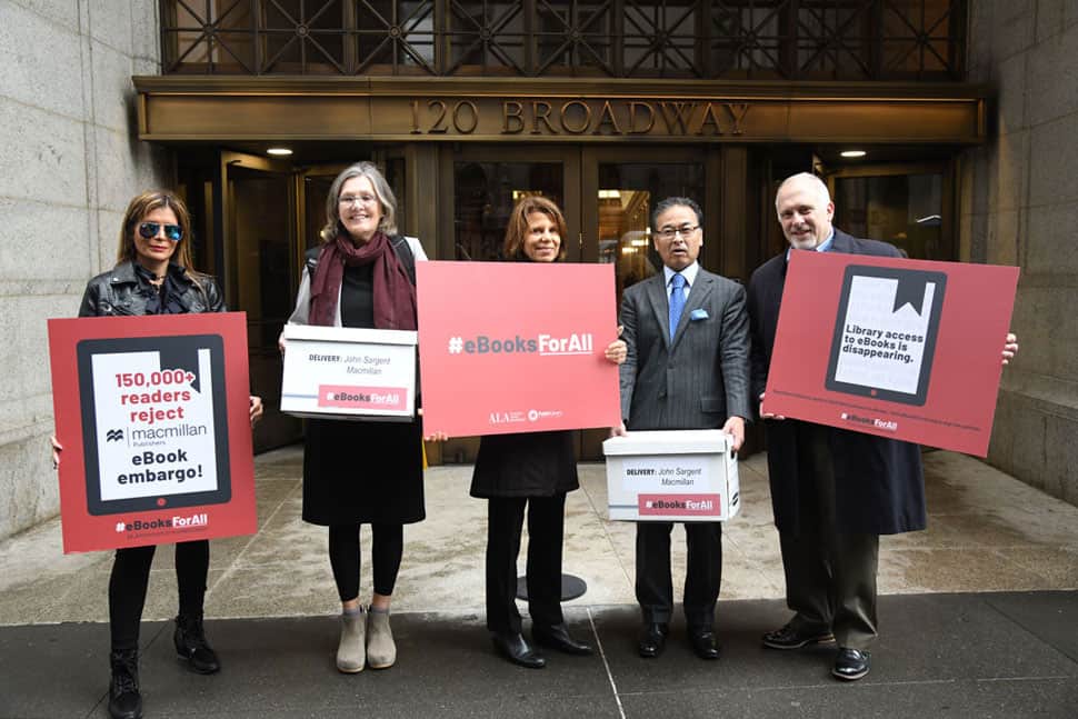 From left: ALA Past President Loida Garcia-Febo; PLA Executive Director Barb Macikas; ALA Past President Sari Feldman; Alan S. Inouye, ALA senior director of public policy and government relations; and Tim Cherubini, executive director of the Chief Officers of State Library Agencies, outside the offices of Macmillan Publishers on October 30, 2019. Photo: Daniel Root