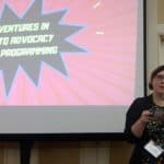 Melinda Mathis, teen services librarian for Napa County (Calif.) Library, speaks at the YALSA Symposium in Memphis, Tennessee, November 2.