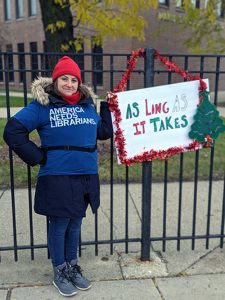 Curie High School librarian Emily Porter on the picket line during the recent CTU strike. 