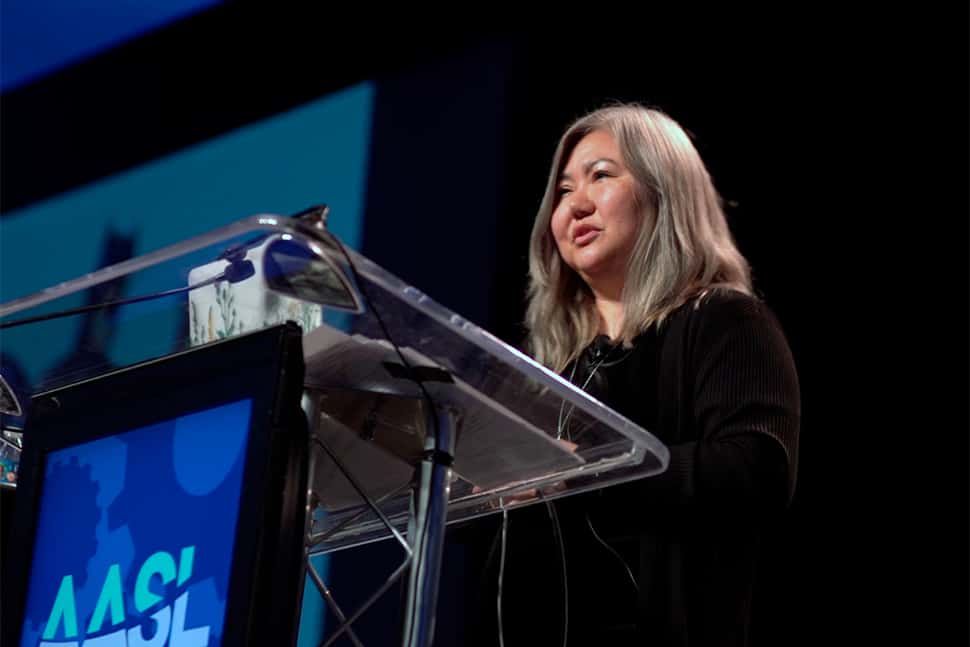 Author and We Need Diverse Books cofounder Ellen Oh speaks at the AASL National Conference in Louisville, Kentucky, November 14.