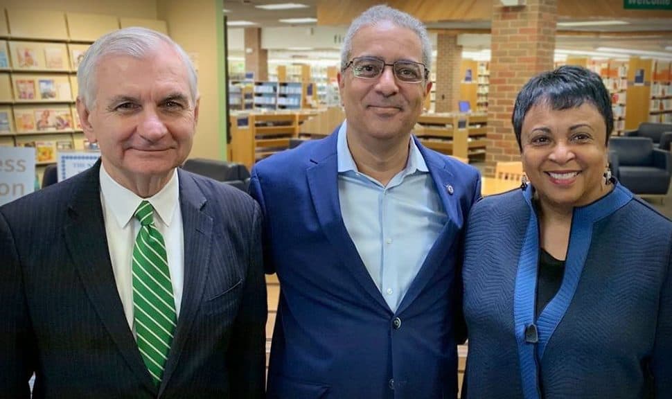 From left: Sen. Jack Reed (D-R.I.), Cranston (R.I.) Public Library Director Ed Garcia, and Librarian of Congress Carla Hayden at Cranston Public Library. Photo: Ed Garcia