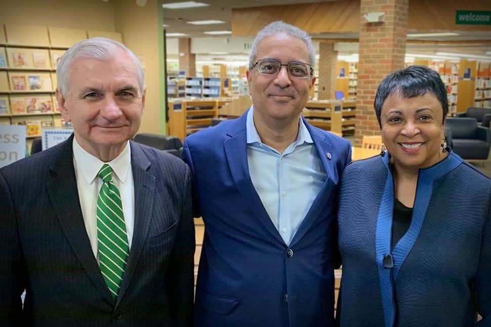 From left: Sen. Jack Reed (D-R.I.), Cranston (R.I.) Public Library Director Ed Garcia, and Librarian of Congress Carla Hayden at Cranston Public Library. Photo: Ed Garcia