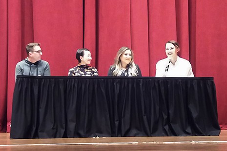 From left, authors Shaun David Hutchinson, Marie Lu, Renee Ahdieh, and Veronica Roth at the closing session of the 2019 YALSA Symposium in Memphis, Tennessee, November 3.