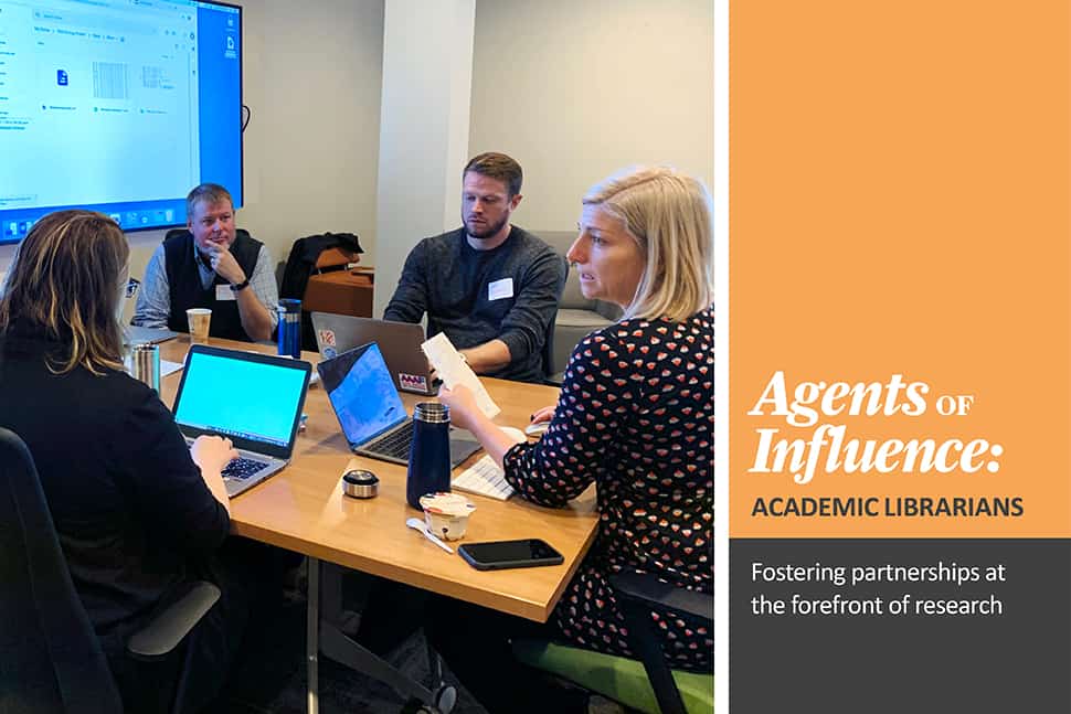 From left: Catherine Morse, Joe Bauer, Matt Carruthers, and Sara Hughes at a research sprint held in October 2019 in partnership with University of Michigan Library. The group worked on developing a data management system for information on public drinking water.