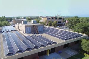 Solar panels on the roof of McMillan Memorial Library in Wisconsin Rapids, Wisconsin. Photo: McMillan Memorial Library in Wisconsin Rapids, Wisconsin