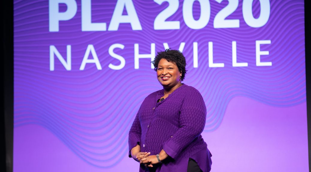 Opening Session speaker Stacey Abrams on stage at the 2020 Public Library Association Conference in Nashville on February 26. (Photo: Laura Kinser/Kinser Studios)