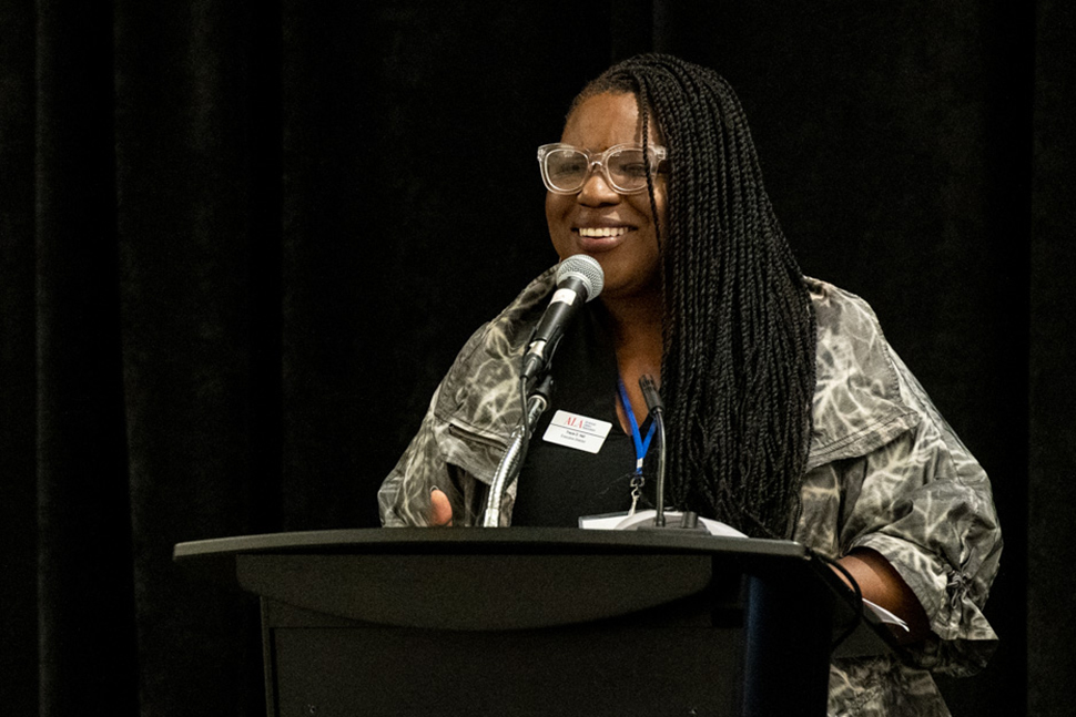 Incoming ALA Executive Director Tracie D. Hall addresses attendees at the second annual library advocacy fly-in in Washington, D.C., February 10.