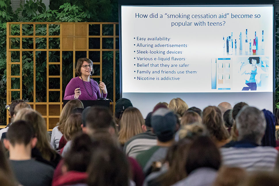 Speaking at Trexler Library, Chrysan Cronin, assistant professor and director of public health at Muhlenberg College in Allentown, Pennsylvania, discusses the dangers of vaping. Photo: Photo: Paul Pearson/Muhlenberg College in Allentown, Pennsylvania