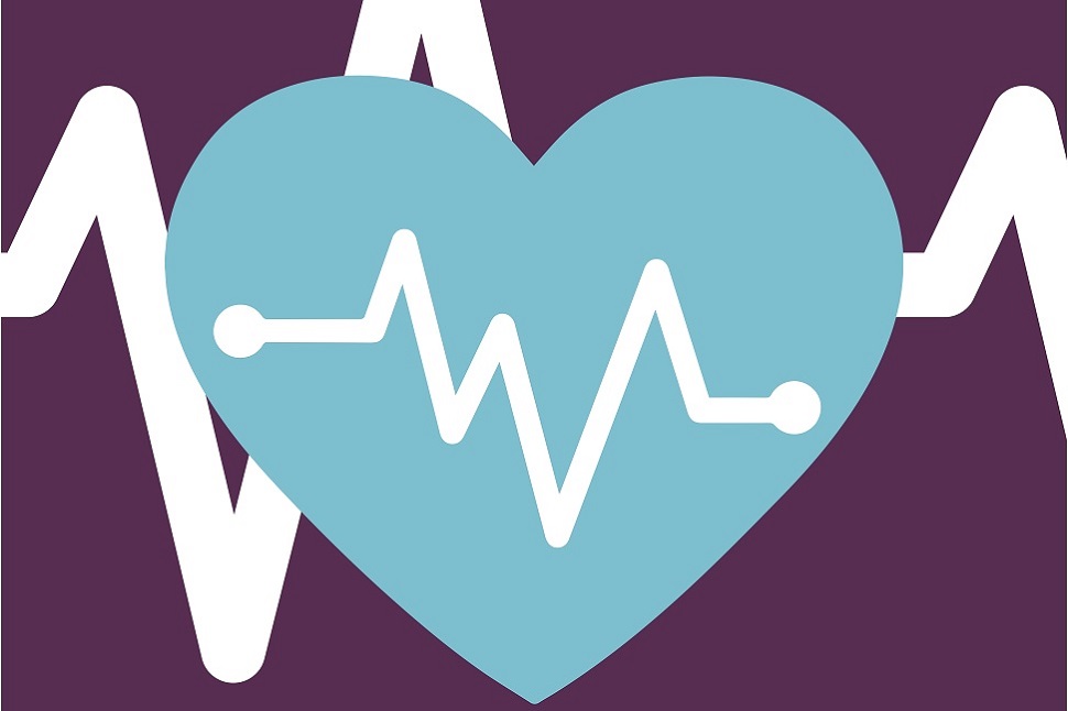 Blue heart on purple background with heartbeat graph.