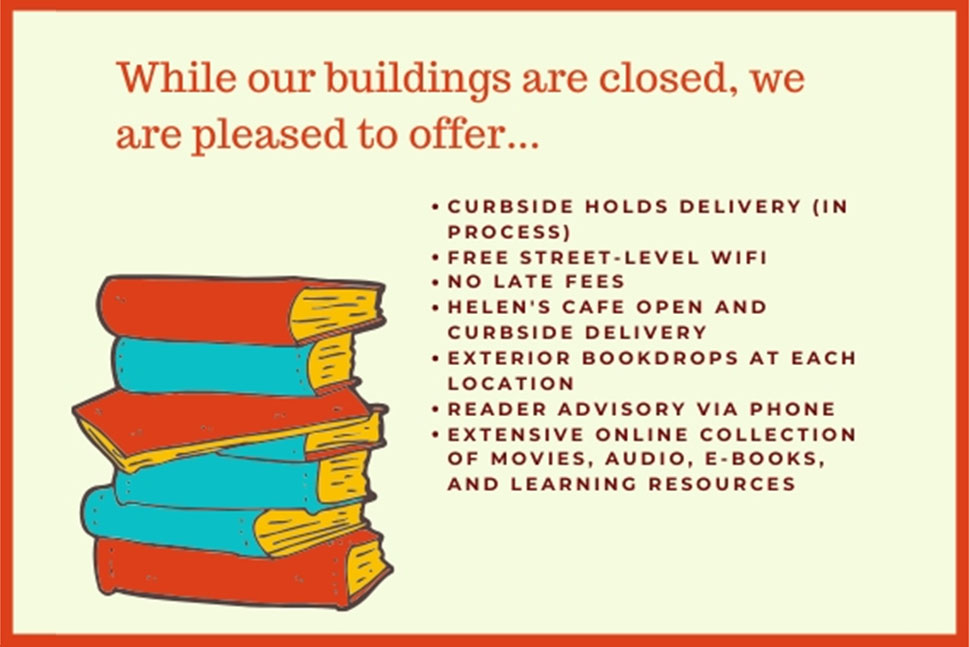 Tom Green County Library System in San Angelo, Texas, is closed to walk-ins but offering curbside checkout services, as explained by this image from their website.