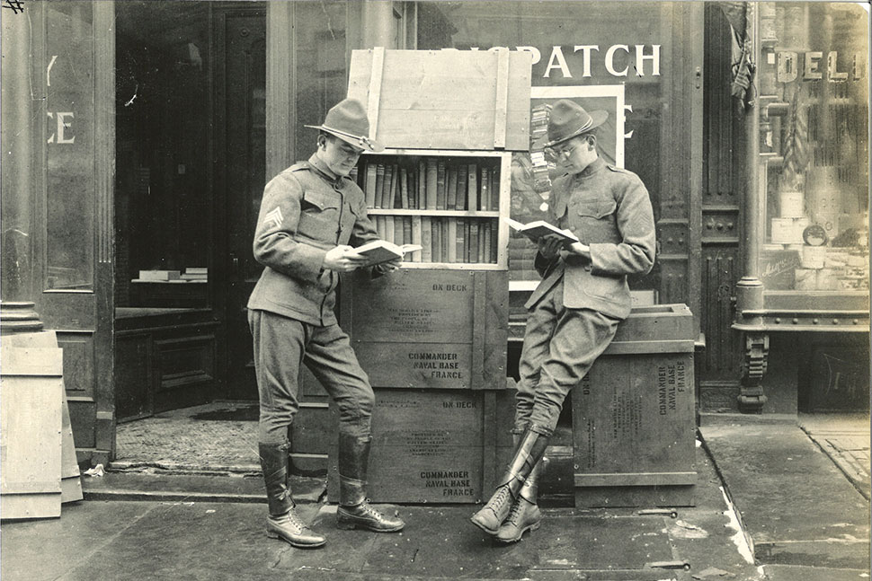 American soldiers in Paris just after the armistice of World War I. The American Library in Paris was a continuation of the work of the Library War Service, which ALA created in 1917 to supply reading materials to US servicemembers stationed in Europe during the war.