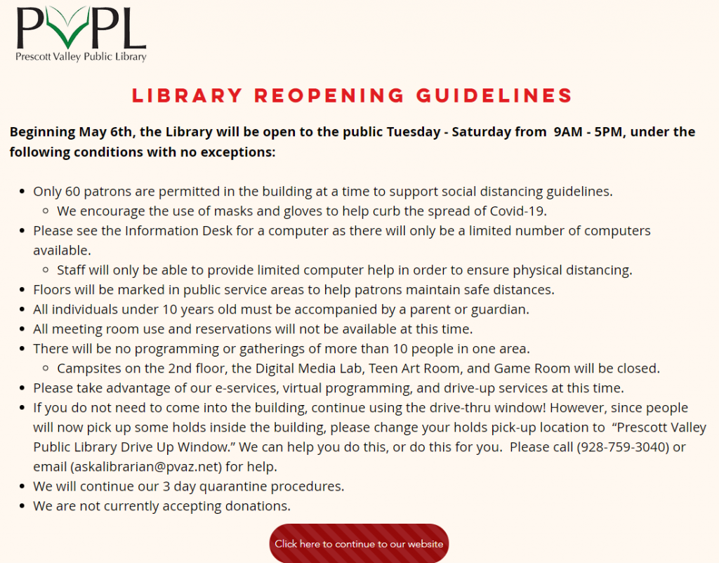 Screenshot of Prescott Valley Public Library's reopening guidelines, which were posted as a splash screen on its website that patrons had to click through to get to the main site. 