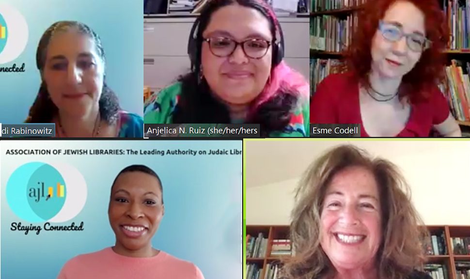 Screenshot from the session “Listening and Learning about Diversity in Jewish Literature for Children and Teens” (clockwise from top left: moderator Heidi Rabinowitz, librarian Anjelica Ruiz, librarian and author Esmé Raji Codell, publisher Joni Sussman, and author Aviva L. Brown).