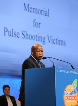 Lewis speaks at the memorial for victims of the Pulse nightclub shooting in June 2016 (Photo: Cognotes)
