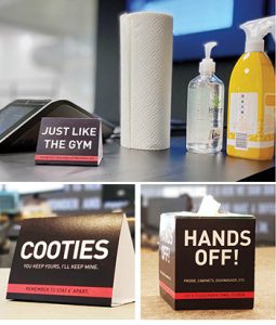 Signage, such as these designs by GBBN Architects, can be a playful way to provide visual cues or instructions to patrons for maintaining physical distance or cleaning surfaces that they touch. <span class="credit">Photos: GBBN Architects</span>