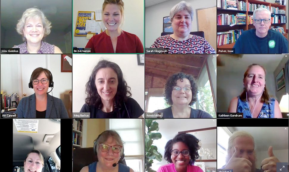 New York Library Association members and staffers meet virtually with Christina Henderson (bottom row, pink shirt), Legislative Assistant for U.S. Senate Minority Leader Charles E. Schumer (D-NY) handling education, workforce, and census issues for both the Senate leadership and Sen. Schumer’s personal office.