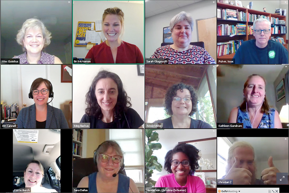 New York Library Association members and staffers meet virtually with Christina Henderson (bottom row, pink shirt), Legislative Assistant for U.S. Senate Minority Leader Charles E. Schumer (D-NY) handling education, workforce, and census issues for both the Senate leadership and Sen. Schumer’s personal office.