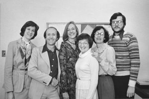 Art Plotnik (second from left) with the staff of American Libraries, circa 1978: Sue Cherry, Edith McCormick, Constance Pacholski, Lois Pearson, and Arian Bushman. (Photo: Arthur Plotnik Photographs, 1969-1992/American Library Association Archives)