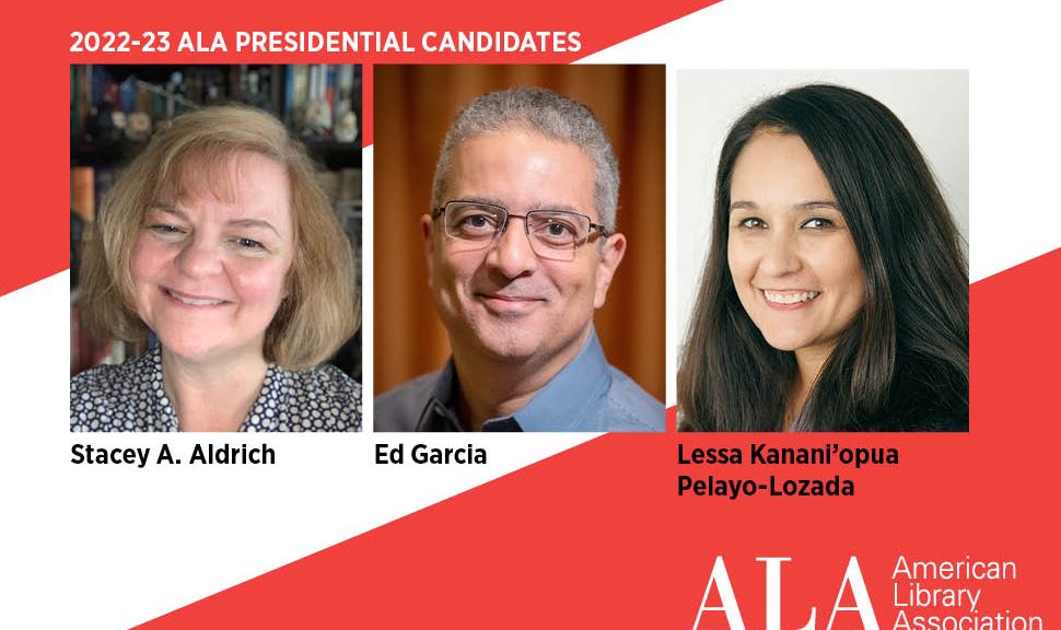ALA presidential candidates for the 2022–2023 term, from left: Stacey A. Aldrich, Ed Garcia, and Lessa Kanani'opua Pelayo-Lozada