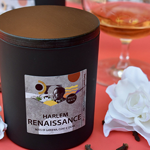 Black matte candle jar with Harlem Renaissance label