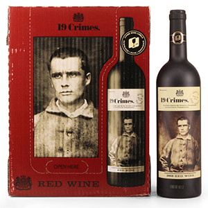 Bottle of 19 Crimes wine with book
