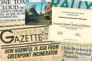 Items from the Greenpoint collection, including a newspaper, a photo of an implosion of natural gas storage tanks, and an award presented to Greenpoint Against Smell and Pollution. (Photos: Brooklyn (N.Y.) Public Library, Brooklyn Collection)