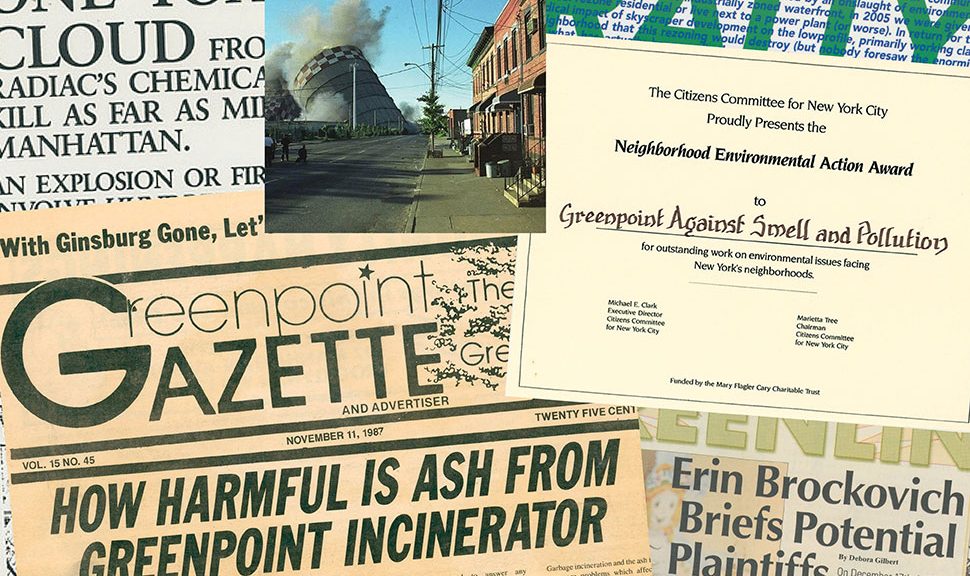 Items from the Greenpoint collection, including a newspaper, a photo of an implosion of natural gas storage tanks, and an award presented to Greenpoint Against Smell and Pollution. (Photos: Brooklyn (N.Y.) Public Library, Brooklyn Collection)