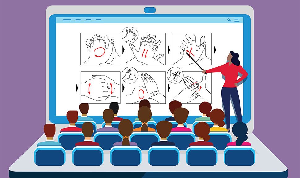 Illustration: Open laptop that looks like theater with people sitting in rows of seats and instructor pointing at image on screen (©wei/Adobe Stock)